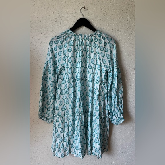 NWT J Marie Long Sleeve Tiered Mini Dress Small Block Print Floral White Blue - Picture 2 of 6